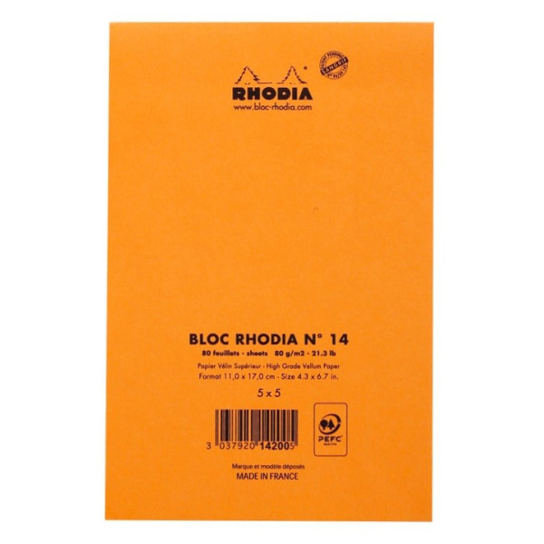 Bloc agrafé N°14 11x17cm 80 feuillets petits carreaux 5/5 80 g Rhodia