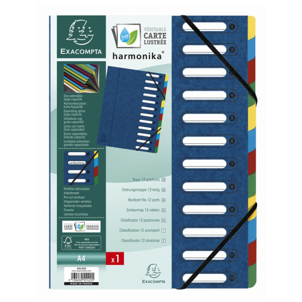Trieur à fenêtres avec élastiques 12 compartiments Exacompta HARMONIKA