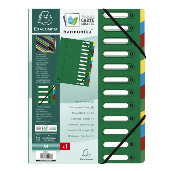 Trieur à fenêtres avec élastiques 12 compartiments Exacompta HARMONIKA