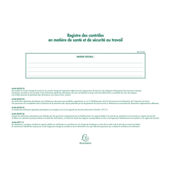Piqûre 24x32cm Registre des contrôles de santé et de sécurité au travail Exacompta