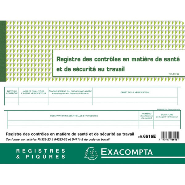 Piqûre 24x32cm Registre des contrôles de santé et de sécurité au travail Exacompta