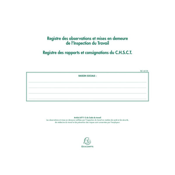 Piqûre 24x32cm Registre de l'inspection du travail et du C.H.S.C.T. Exacompta