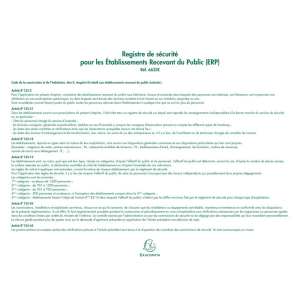 Piqûre 24x32cm Registre de sécurité pour les établissement recevant du public (ERP) Exacompta