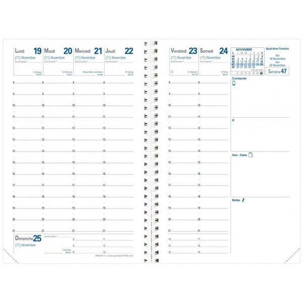 Agenda semainier 10x15cm Spiralé Quo Vadis Affaires S Impala avec répertoire