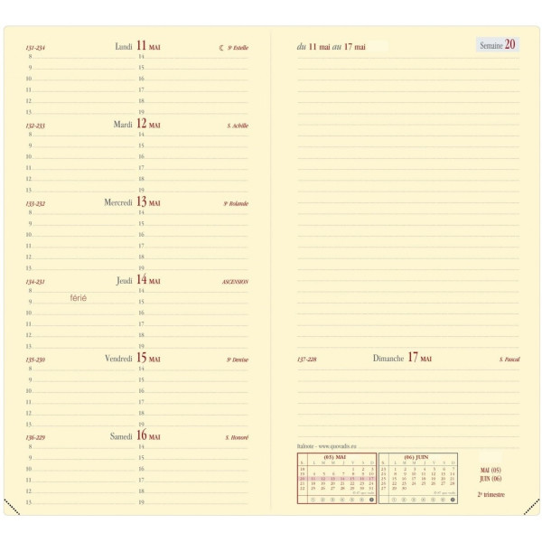 Agenda semainier 8,8x17cm Quo Vadis Italnote Prestige Soho avec répertoire