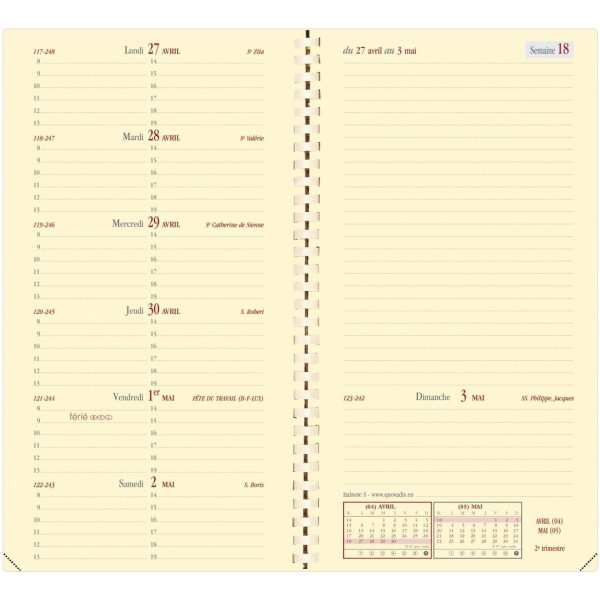 Agenda semainier 8,8x17cm spiralé Quo Vadis Italnote S Prestige Impala avec répertoire