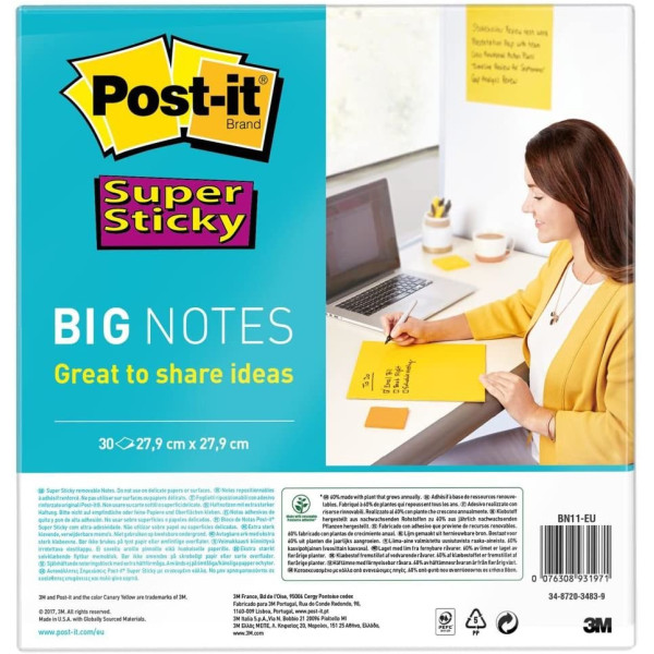 Notes adhésives 27.9x27.9cm 3M Post-it Big Notes Super Sticky