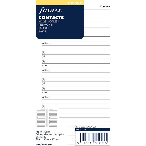 Feuilles contacts 95x171mm Filofax Personal