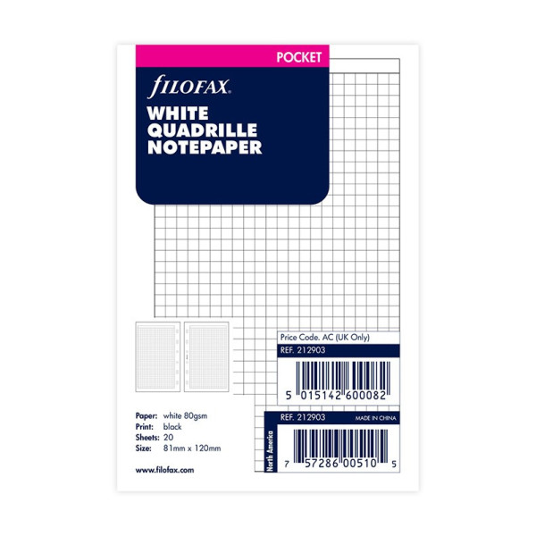 Feuilles de notes quadrillées blanches Filofax Pocket avec emballage