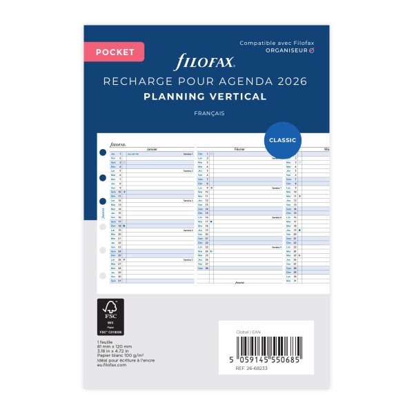Recharge organiseur planning annuel vertical Filofax Pocket
