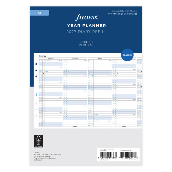 Recharge organiseur planning annuel Vertical Filofax A5