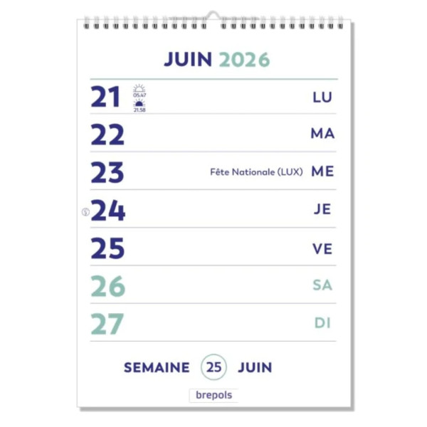 Calendrier hebdomadaire lisibilité optimale Brepols Optivision