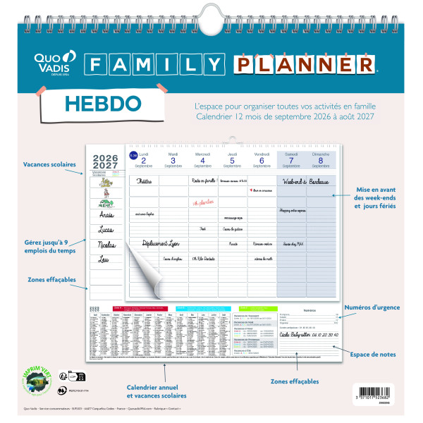 Calendrier familial 30x30cm Quo Vadis Family Planner Hebdo