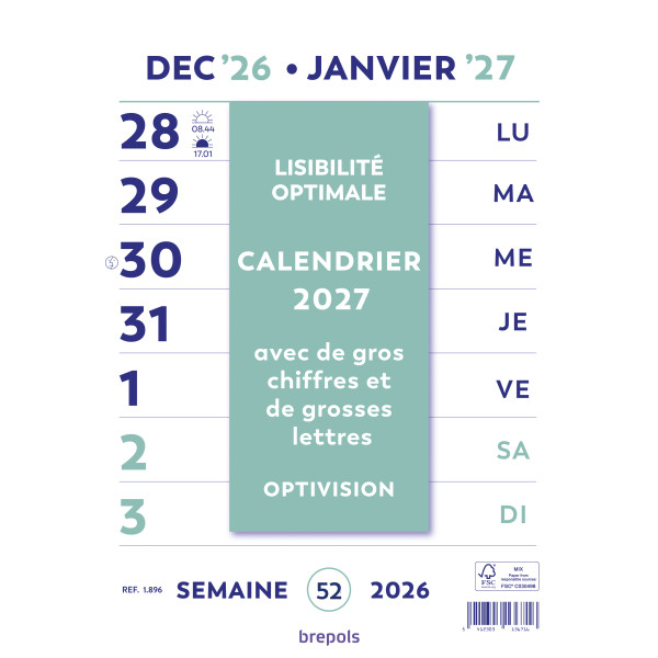Calendrier hebdomadaire lisibilité optimale Brepols Optivision