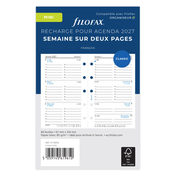 Recharge organiseur semainier Filofax Mini