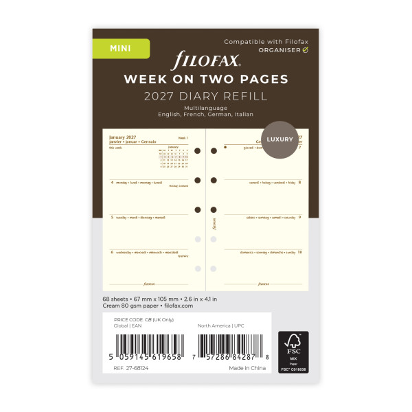Recharge organiseur semainier Filofax Mini Cotton Cream