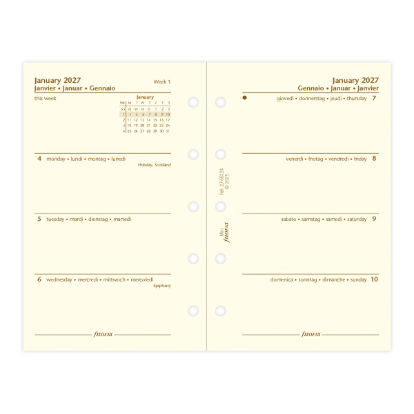 Recharge organiseur semainier Filofax Mini Cotton Cream