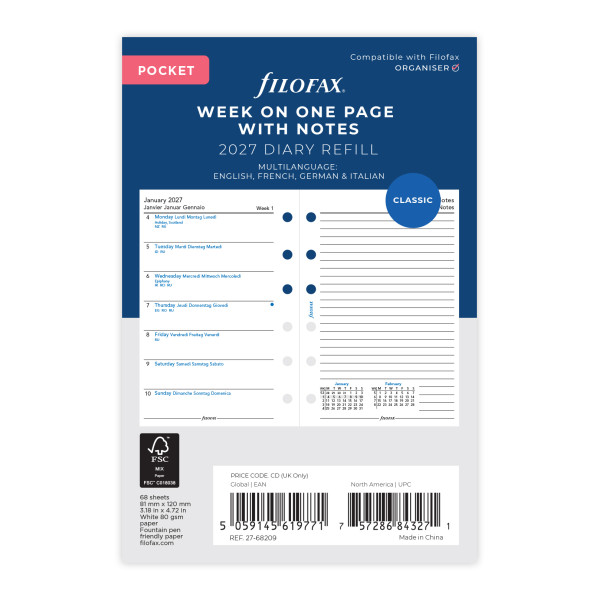 Recharge organiseur semainier Filofax Pocket