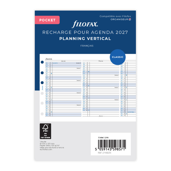 Recharge organiseur planning annuel vertical Filofax Pocket