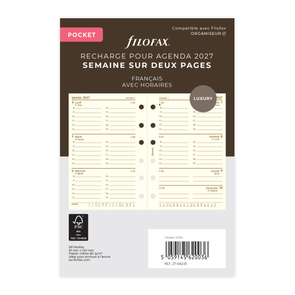 Recharge organiseur semainier Filofax Pocket Cotton Cream