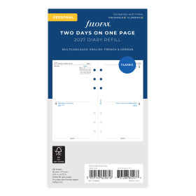 Recharge organiseur 2jours/page Filofax Personal