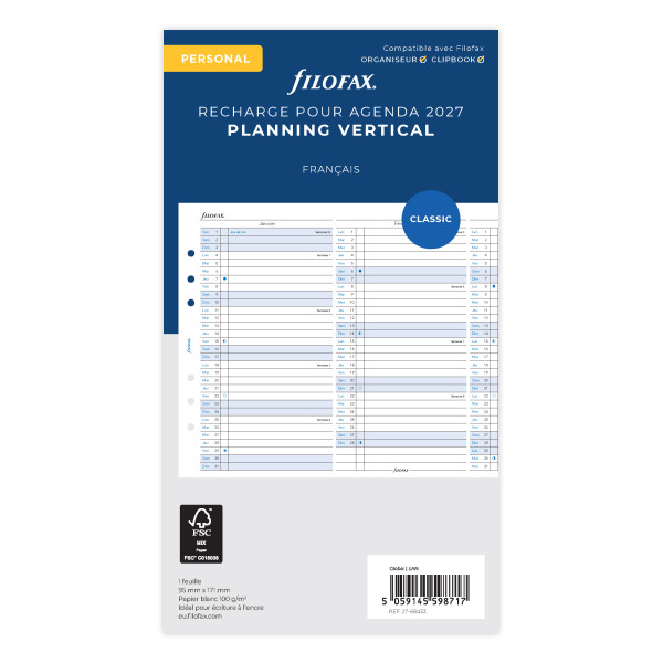 Recharge organiseur planning annuel vertical Filofax Personal