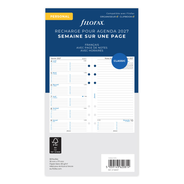 Recharge organiseur semainier Filofax Personal