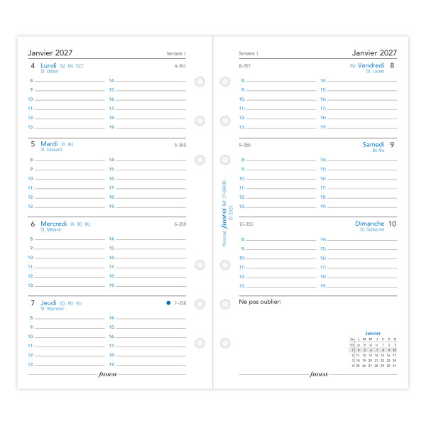 Recharge organiseur semainier Filofax Personal