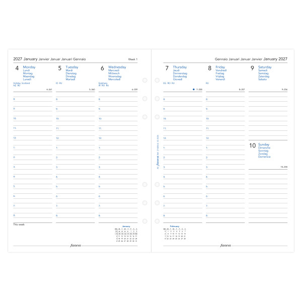 Recharge organiseur semainier multilingue Filofax A5