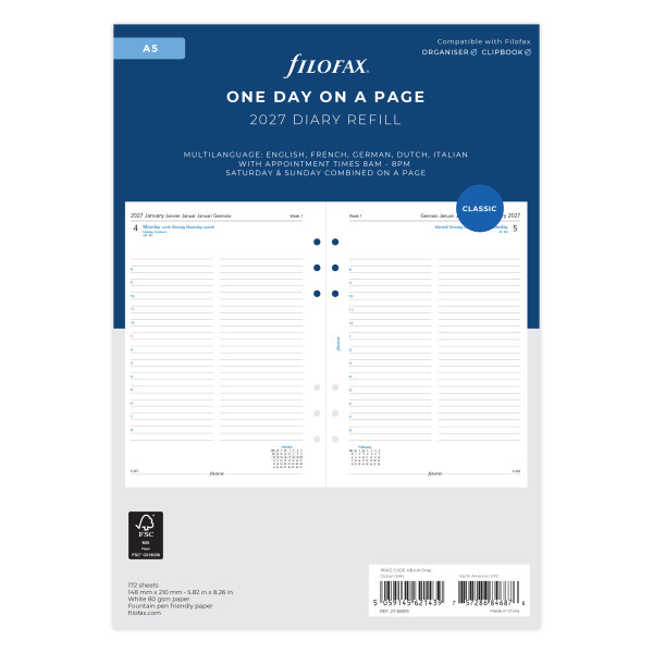 Recharge organiseur journalier Filofax A5