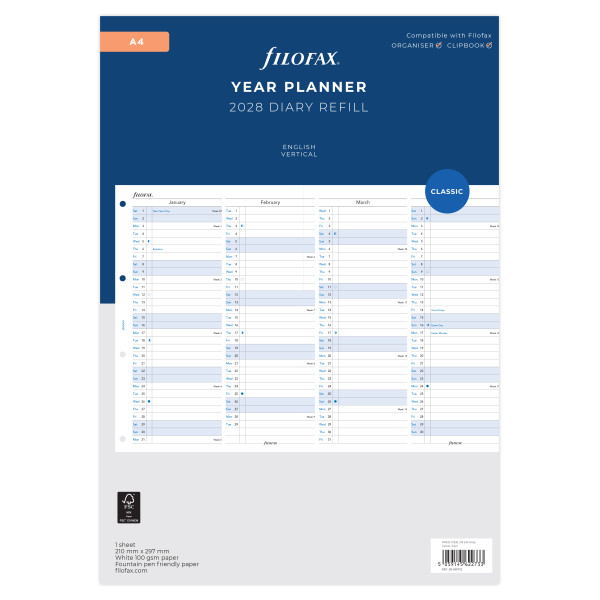 Recharge organiseur planning annuel vertical Filofax A4