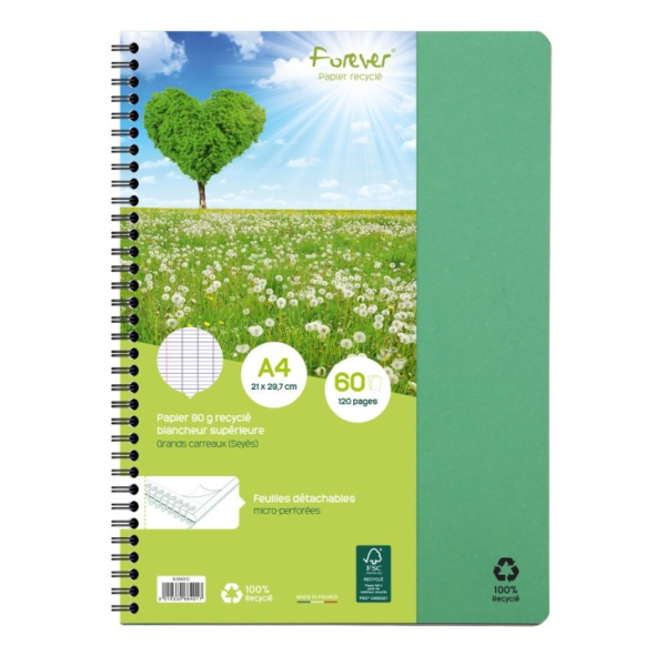 Cahier seyes spiralé 21x29,7cm (A4) recyclé Forever Premium